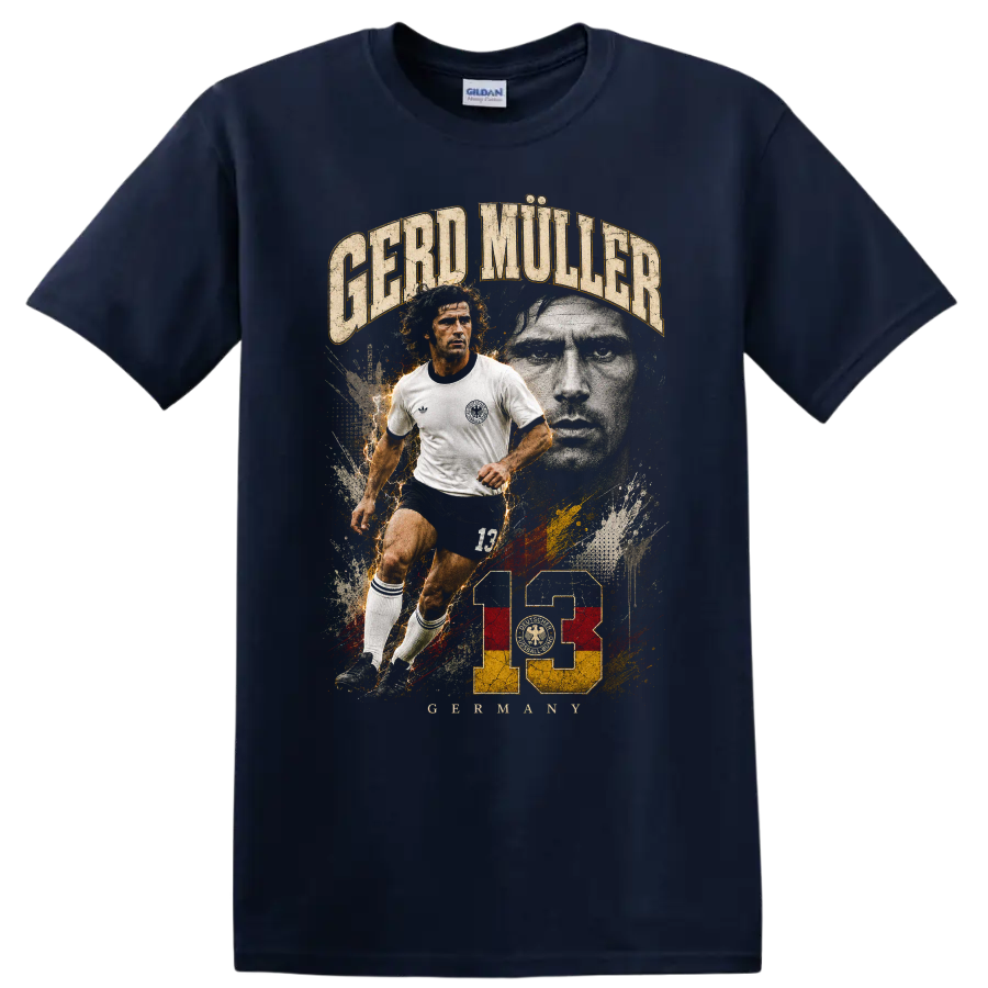 Gerd Müller soccer action portrait with distressed 13 vintage graphic on a Navy (Blue) T Shirt