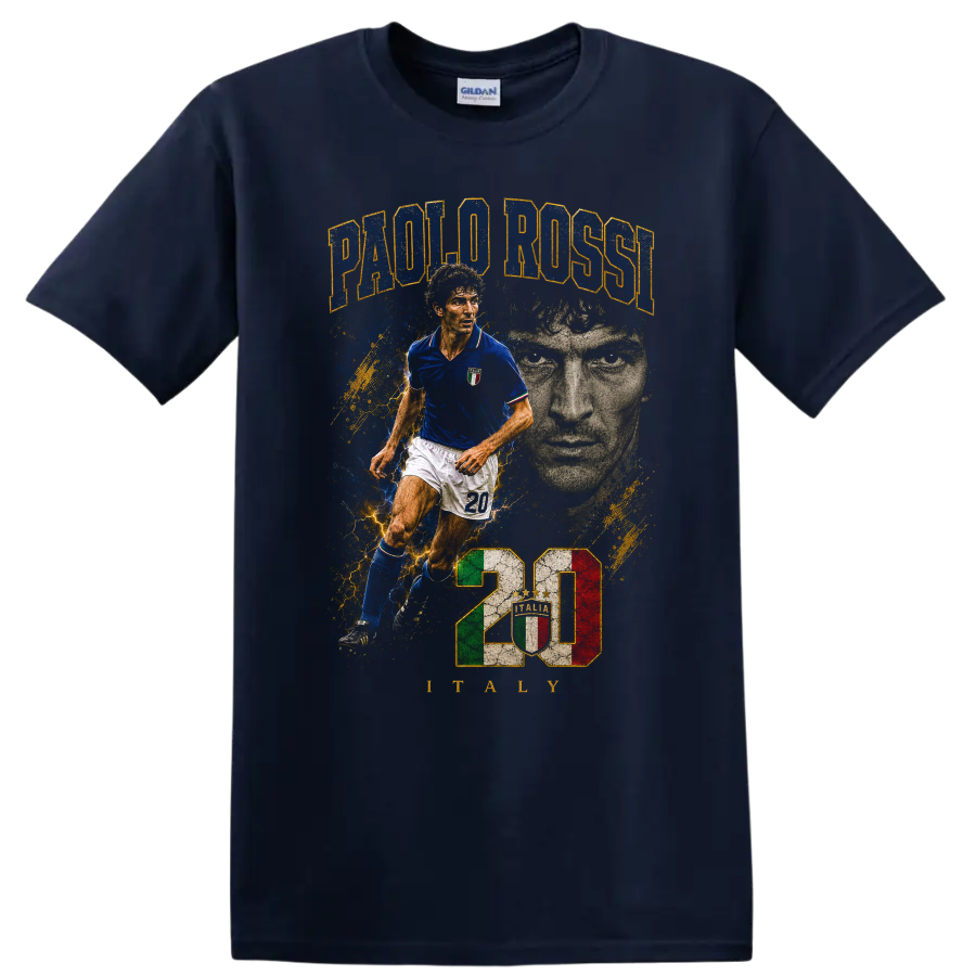 Paolo Rossi Italy soccer player vintage portrait and action graphic on a Navy (Blue) T Shirt
