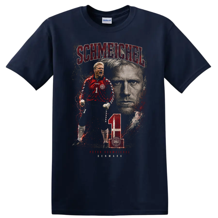 Peter Schmeichel Denmark goalkeeper soccer graphic portrait on a Navy (Blue) T Shirt