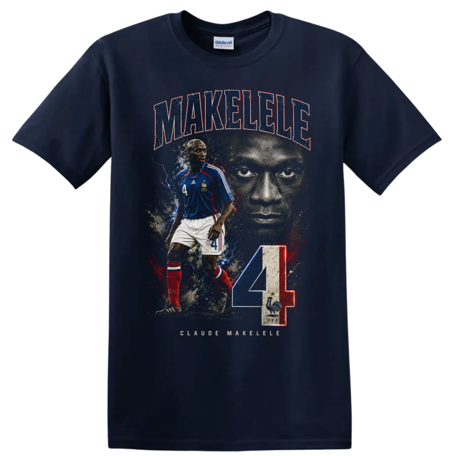 Claude Makelele France soccer portrait with MAKÉLÉLÉ text and number 4 on a Navy (Blue) T Shirt