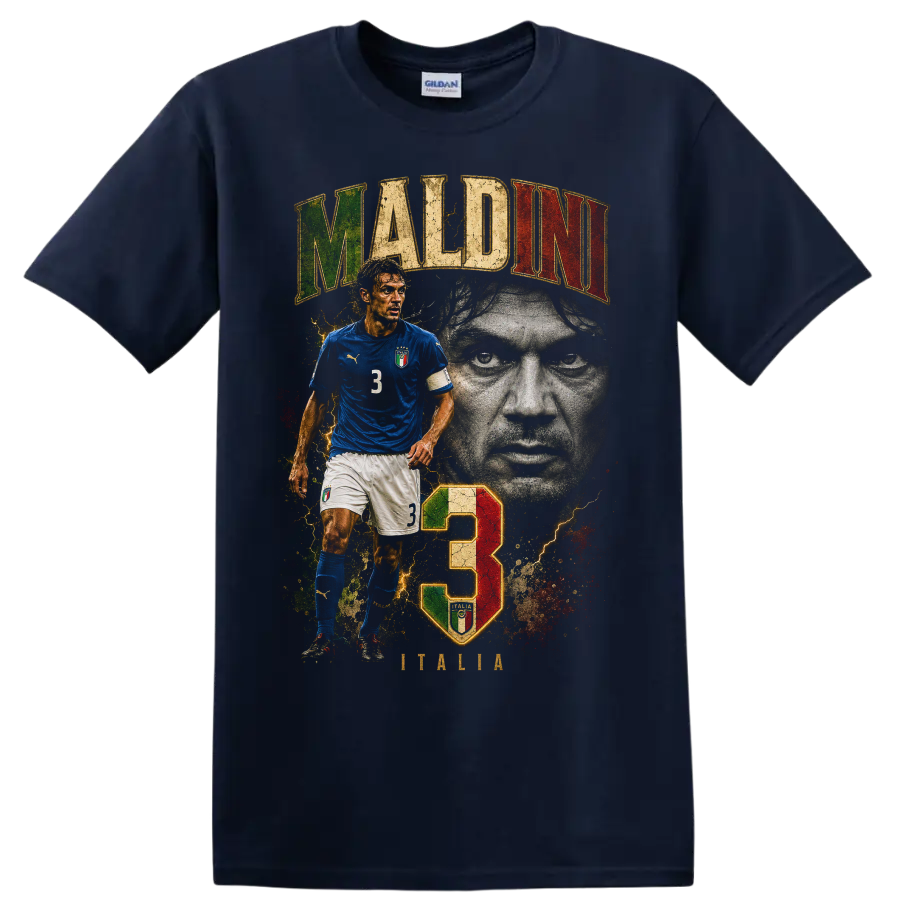 Paolo Maldini Italy soccer graphic with portrait, number 3, and MALDINI text on a Navy (Blue) T Shirt