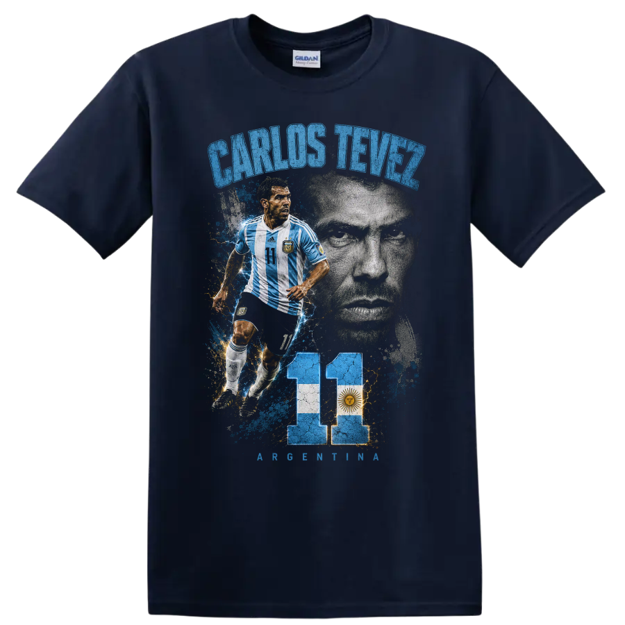 Carlos Tevez Argentina soccer portrait graphic with number 11 and flag on a Navy (Blue) T Shirt