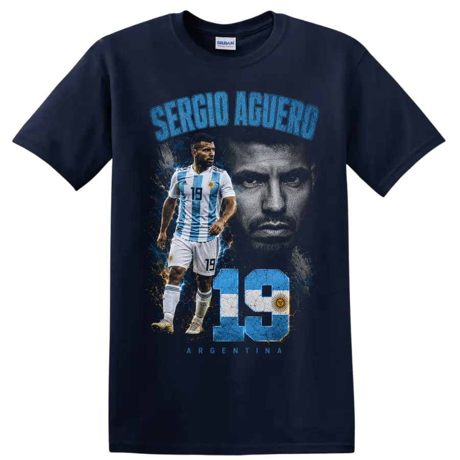 Sergio Agüero Argentina soccer tribute graphic with portrait and number 19 on a Navy (Blue) T Shirt