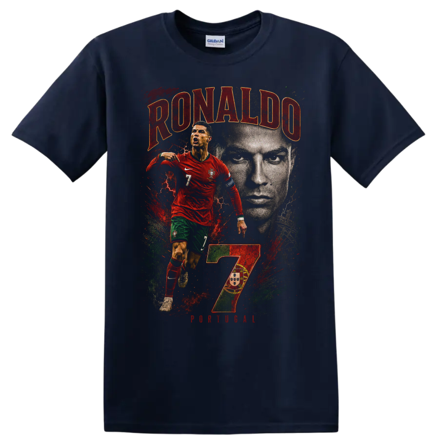 Cristiano Ronaldo Portugal soccer collage with RONALDO and number 7 on a Navy (Blue) T Shirt