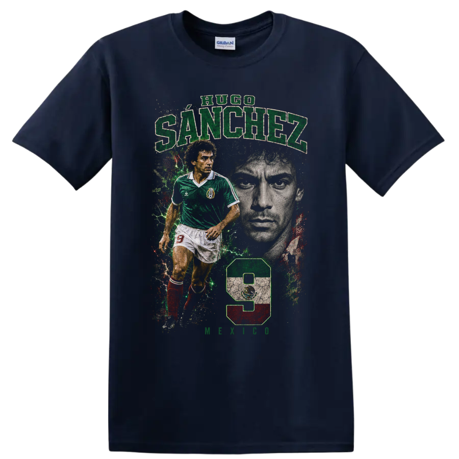 Hugo Sánchez Mexico soccer tribute graphic with number 9 on a Navy (Blue) T Shirt