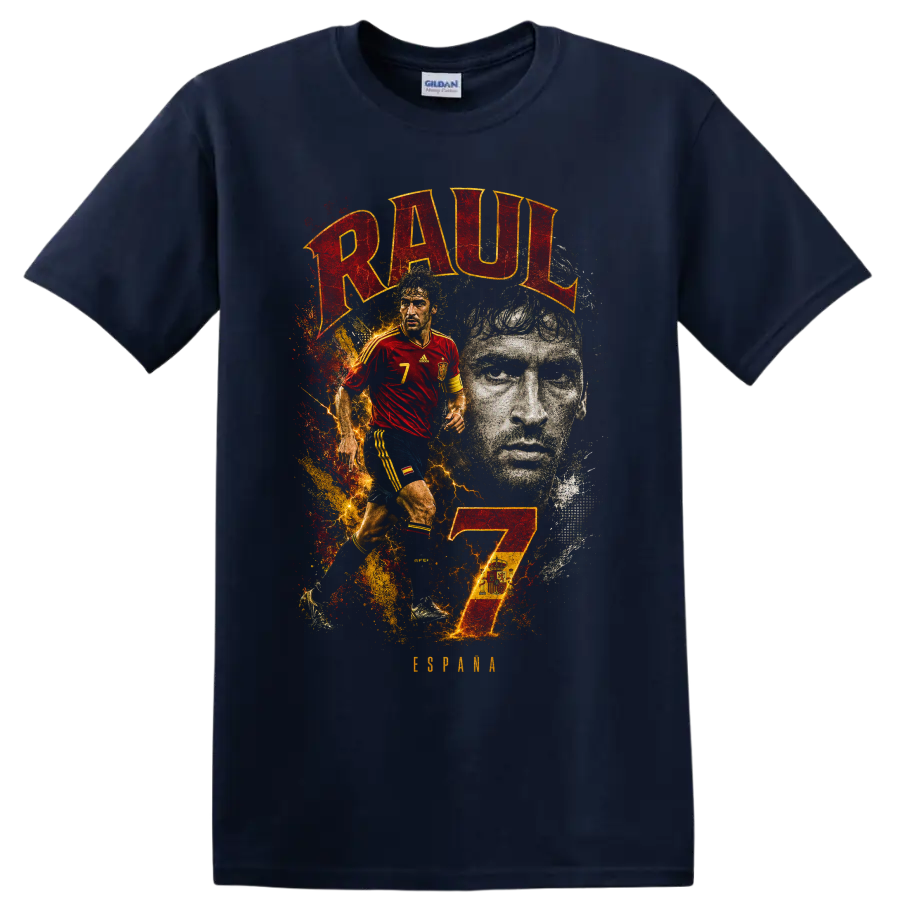 Raúl González soccer tribute graphic with RAUL lettering and number 7 on a Navy (Blue) T Shirt