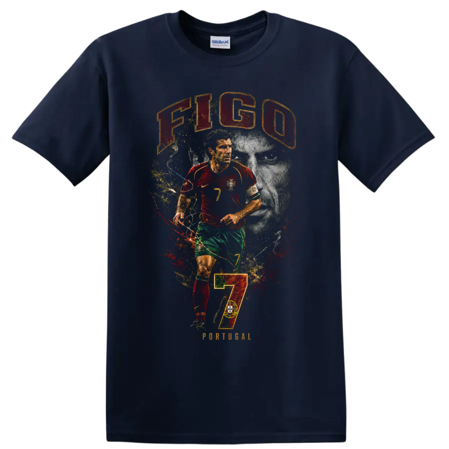 Luís Figo Portugal soccer portrait with number 7 and distressed graphic design on a Navy (Blue) T Shirt