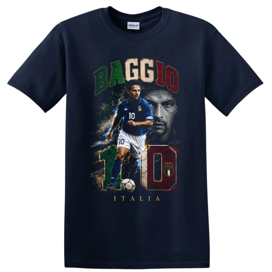 Roberto Baggio Italy soccer action portrait with number 10 graphic on a Navy (Blue) T Shirt