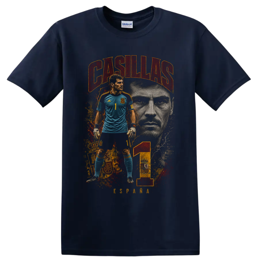 Iker Casillas Spain goalkeeper portrait with CASILLAS text and number 1 on a Navy (Blue) T Shirt