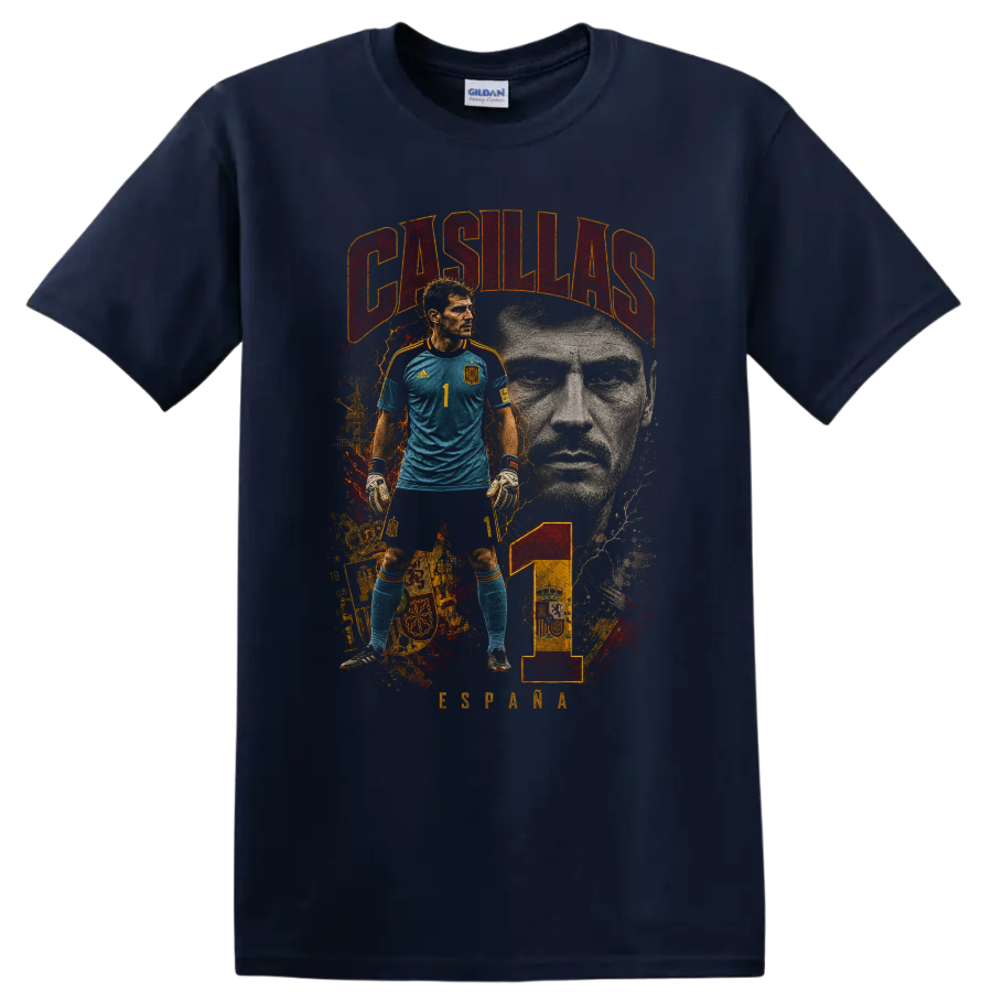 Iker Casillas Spain goalkeeper portrait graphic with number 1 on a Navy (Blue) T Shirt