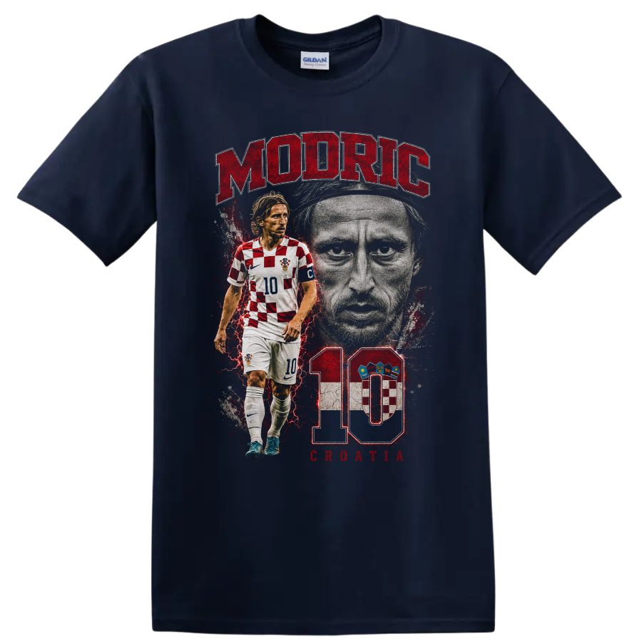 Luka Modric Croatia soccer portrait graphic with MODRIC and number 10 on a Navy (Blue) T Shirt