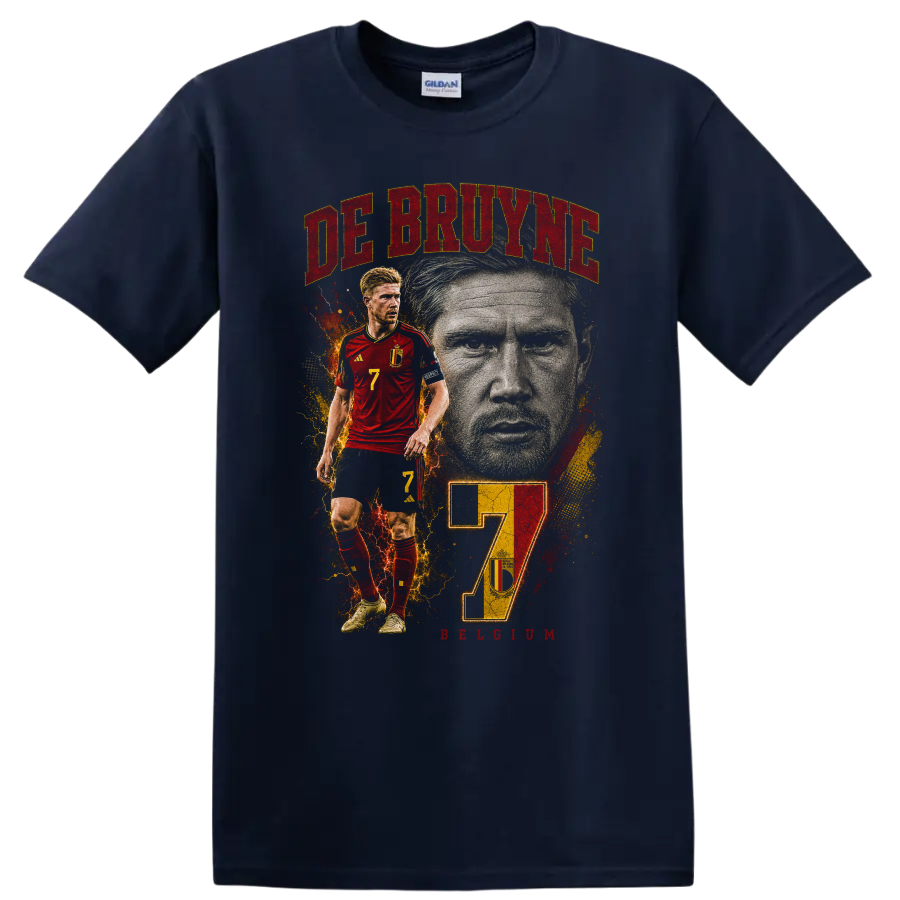 Kevin De Bruyne Belgium soccer graphic with DE BRUYNE and number 7 on a Navy (Blue) T Shirt