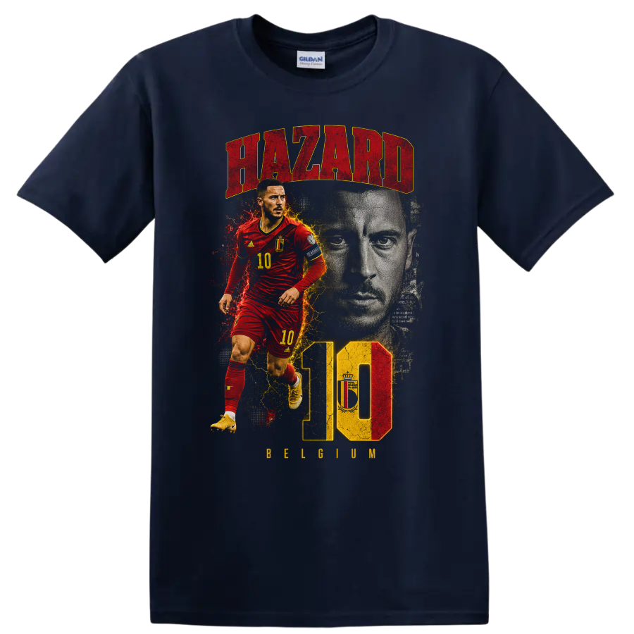 Eden Hazard Belgium soccer graphic with HAZARD, number 10, and BELGIUM on a Navy (Blue) T Shirt