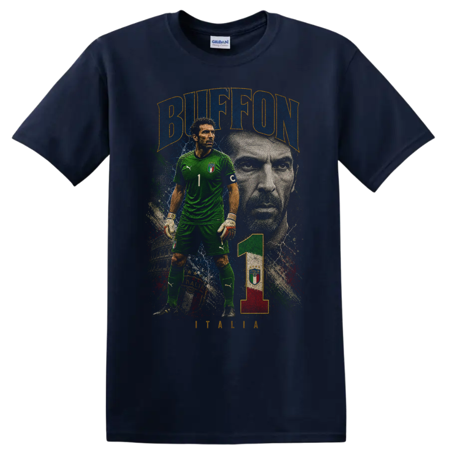 Gianluigi Buffon Italy goalkeeper portrait graphic with BUFFON text on a Navy (Blue) T Shirt