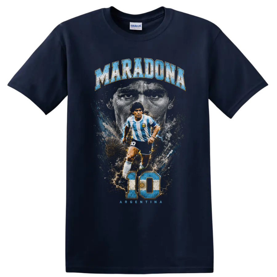 Diego Maradona Argentina soccer graphic with number 10 and portrait on a Navy (Blue) T Shirt