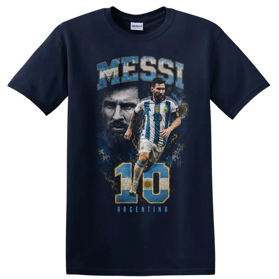 Lionel Messi Argentina number 10 soccer graphic with MESSI text on a Navy (Blue) T Shirt
