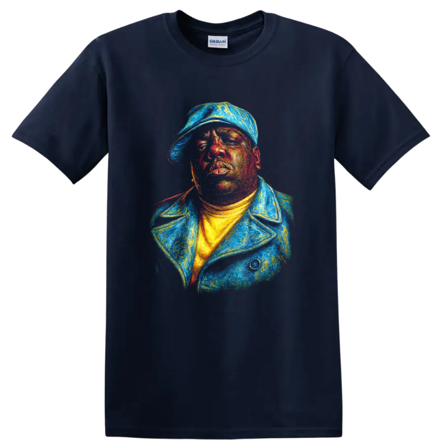 Colorful textured portrait of The Notorious B.I.G. in a cap and jacket on a Navy (Blue) T Shirt