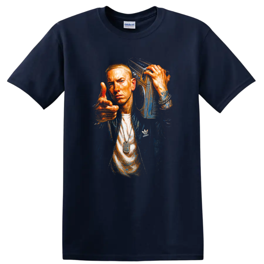 Eminem portrait graphic with boombox in vivid orange and blue on a Navy (Blue) T Shirt
