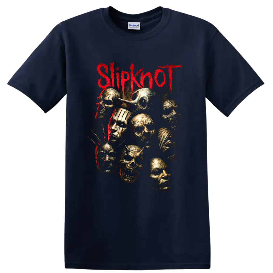 Slipknot red logo with distressed gold masks and skull-like faces on a Navy (Blue) T Shirt
