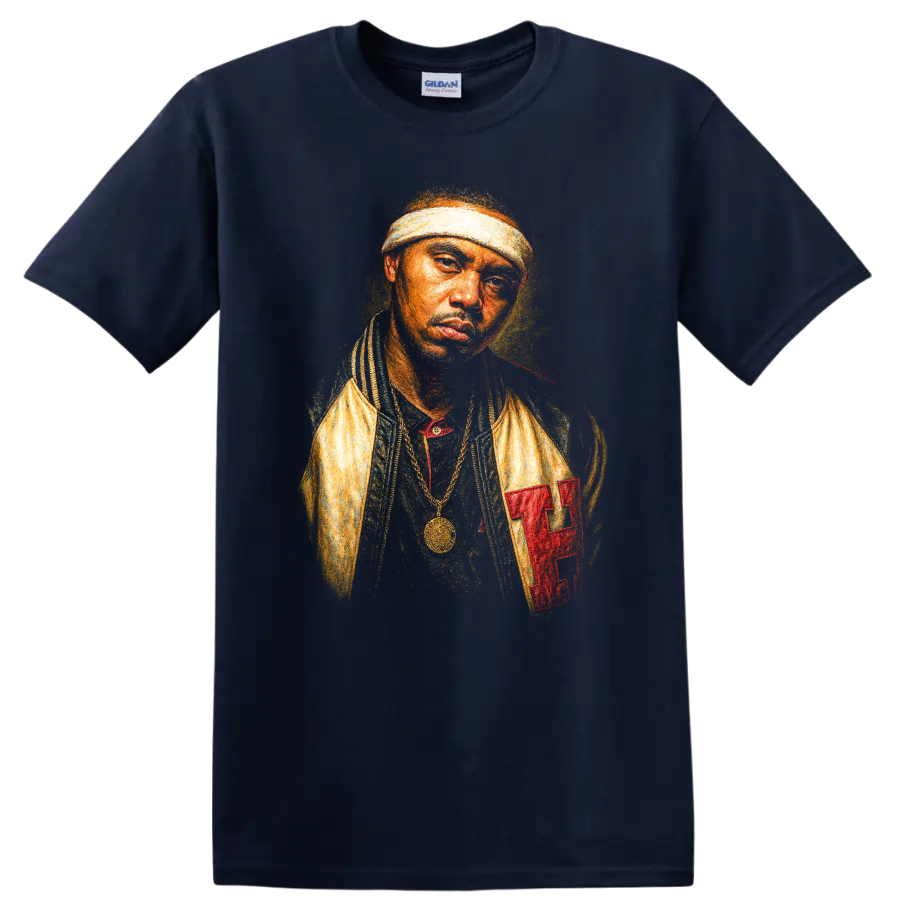 LL Cool J classic hip hop portrait graphic with headband and gold chain on a Navy (Blue) T Shirt