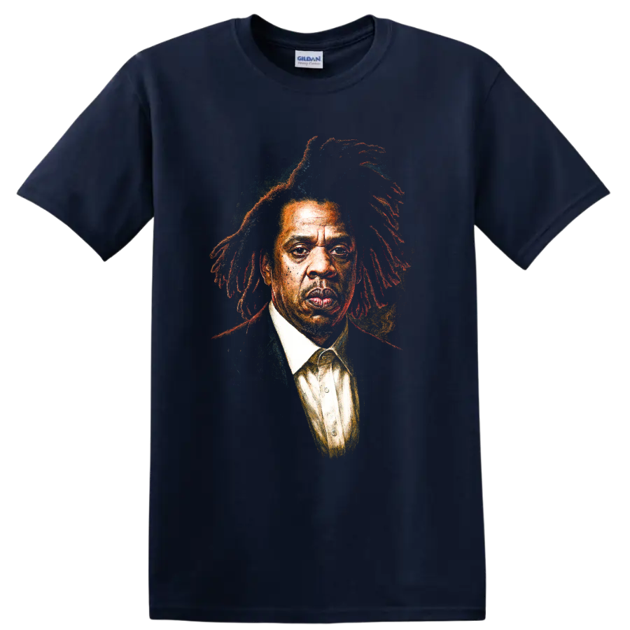 Jay-Z portrait graphic print with colorful painterly hip-hop textures on a Navy (Blue) T Shirt