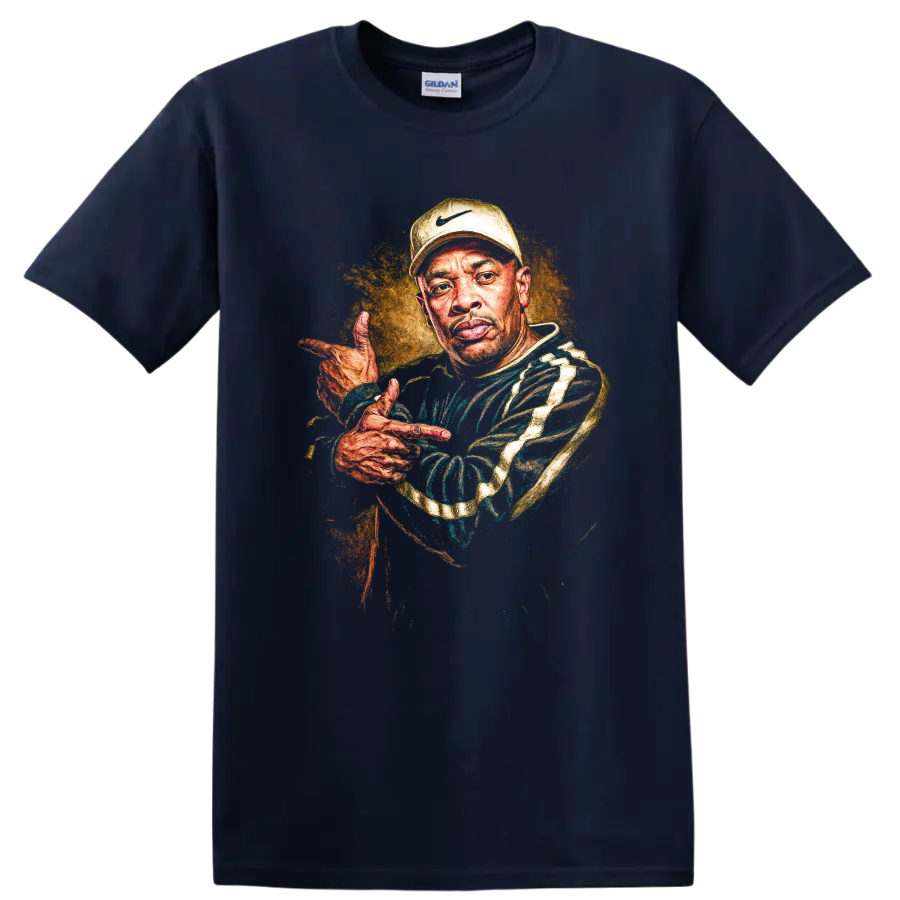 Dr. Dre portrait in vibrant hand-painted West Coast hip-hop style on a Navy (Blue) T Shirt