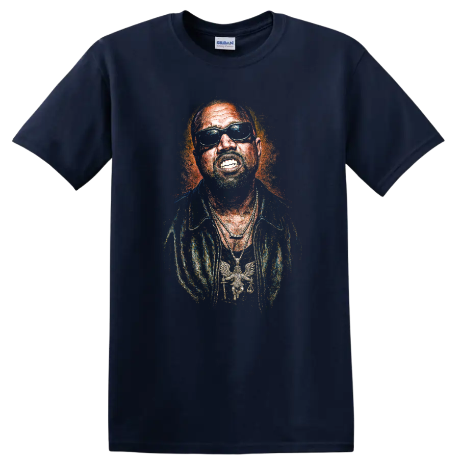 Kanye West stylized portrait with negative thermal-effect artwork on a Navy (Blue) T Shirt