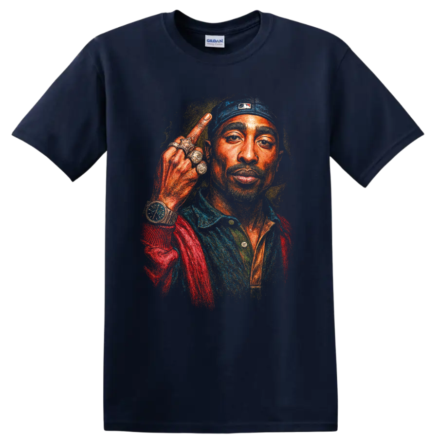 Colorful Tupac Shakur 2Pac hip-hop portrait graphic print on a Navy (Blue) T Shirt