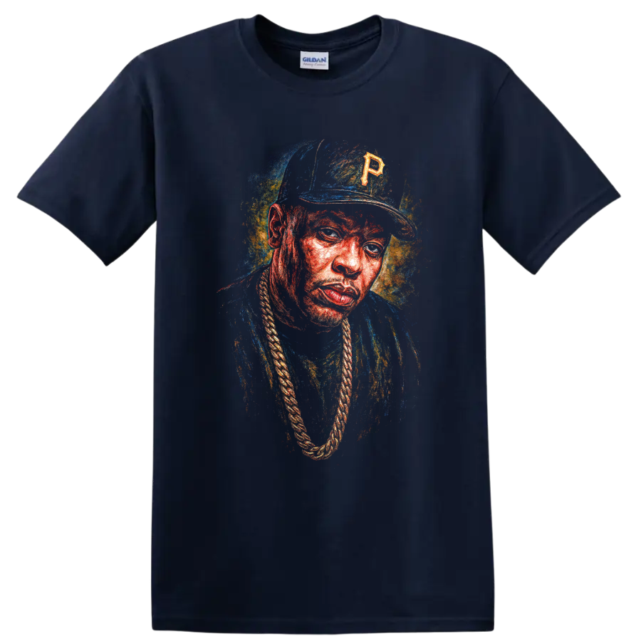 Oil-painted portrait of The Notorious B.I.G. in colorful hip-hop artwork on a Navy (Blue) T Shirt