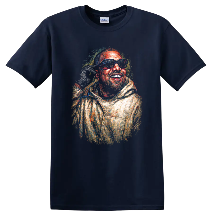 Colorful textured portrait of CeeLo Green wearing glasses and a hood on a Navy (Blue) T Shirt