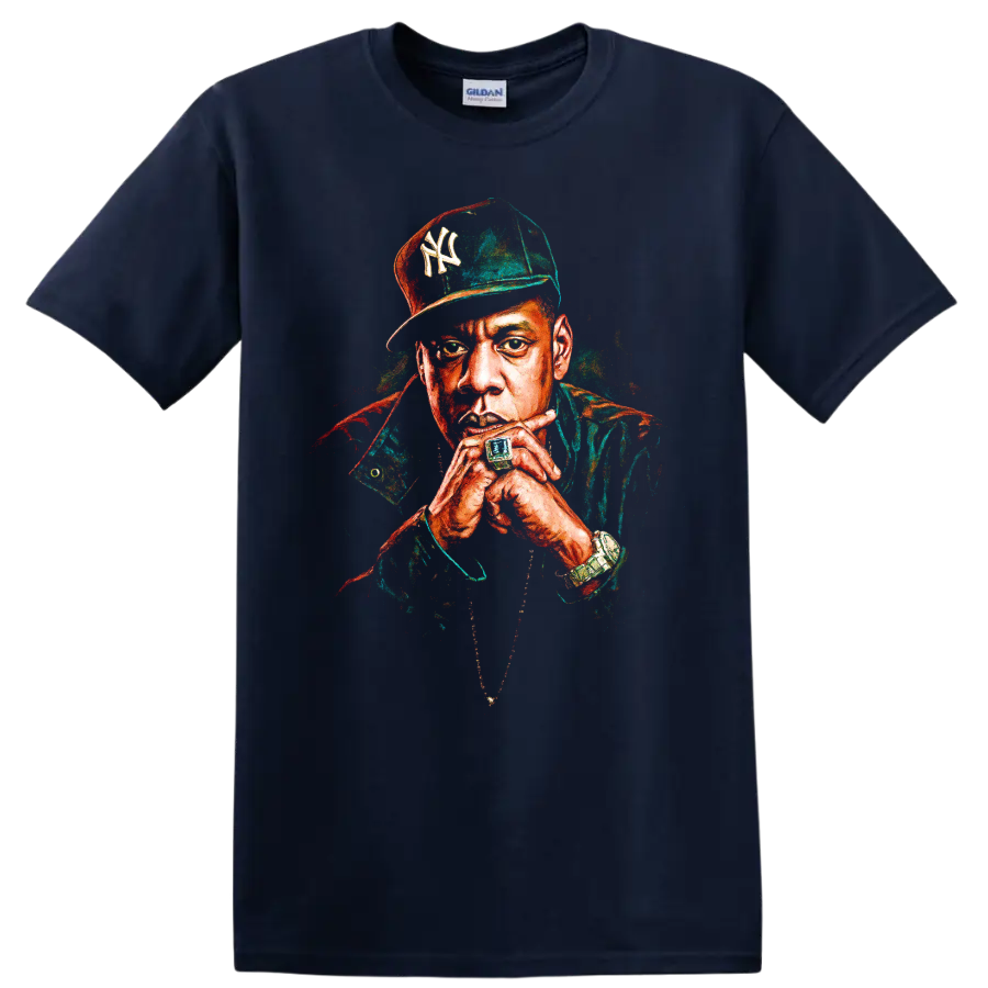 Jay-Z pop-art portrait wearing a New York Yankees-inspired cap on a Navy (Blue) T Shirt