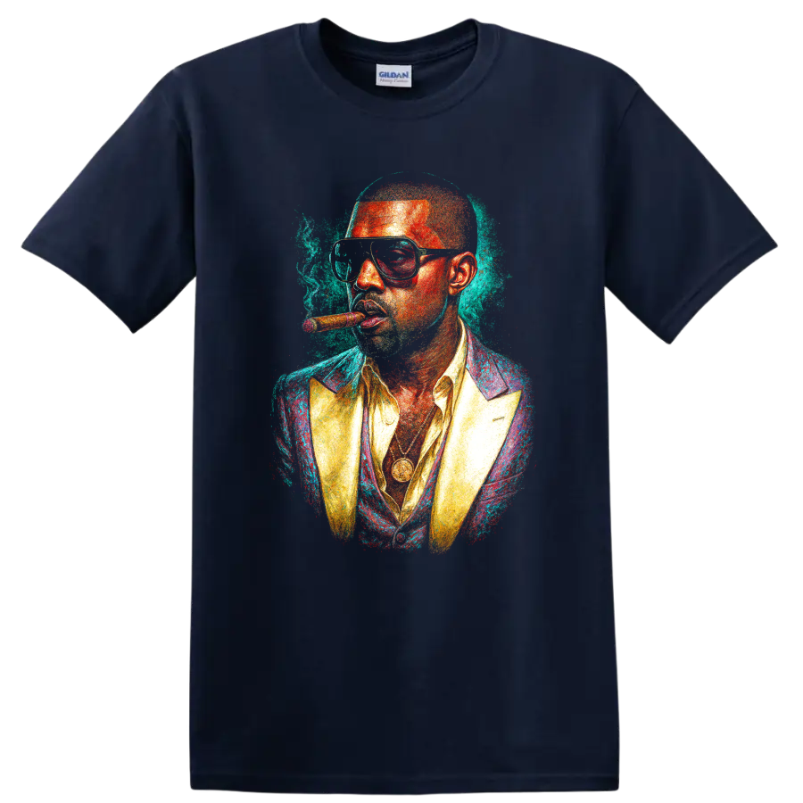 Stylized colorful portrait of Pitbull wearing glasses and a suit on a Navy (Blue) T Shirt