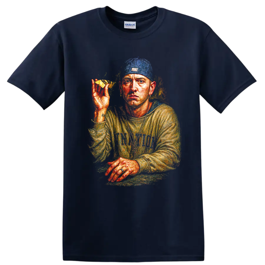 Eminem hip-hop portrait artwork with vivid illustrated colors on a Navy (Blue) T Shirt