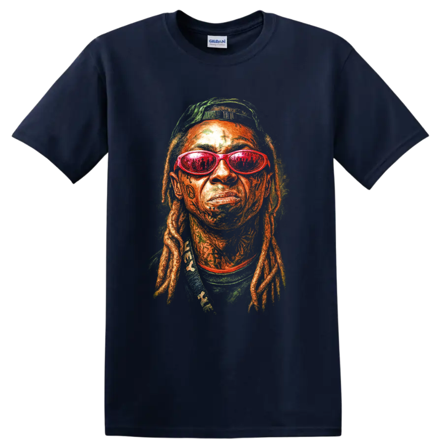 Lil Wayne pop-art portrait with red sunglasses and detailed locs on a Navy (Blue) T Shirt
