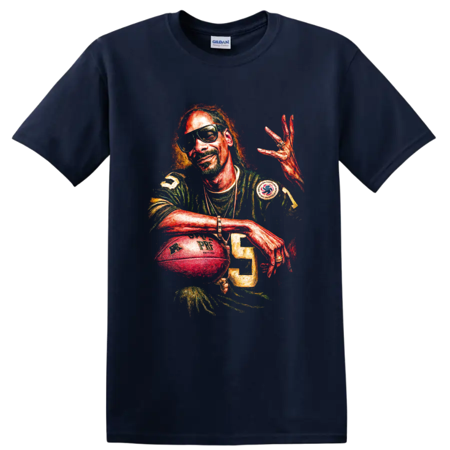 Snoop Dogg hip-hop portrait with football-inspired jersey and sunglasses on a Navy (Blue) T Shirt