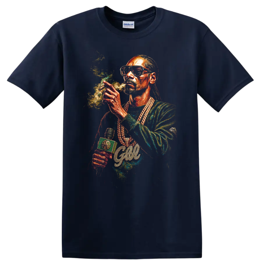 Colorful Snoop Dogg hip-hop portrait artwork with sunglasses and braids on a Navy (Blue) T Shirt