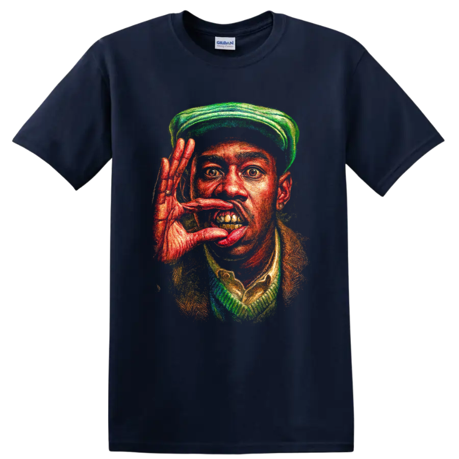 Tyler, the Creator IGOR-inspired colorful painted portrait on a Navy (Blue) T Shirt