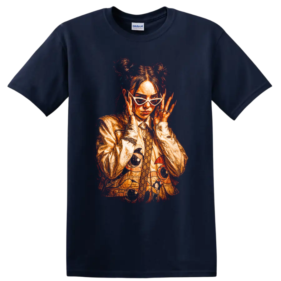 Billie Eilish fiery red-orange pop art portrait with sunglasses on a Navy (Blue) T Shirt