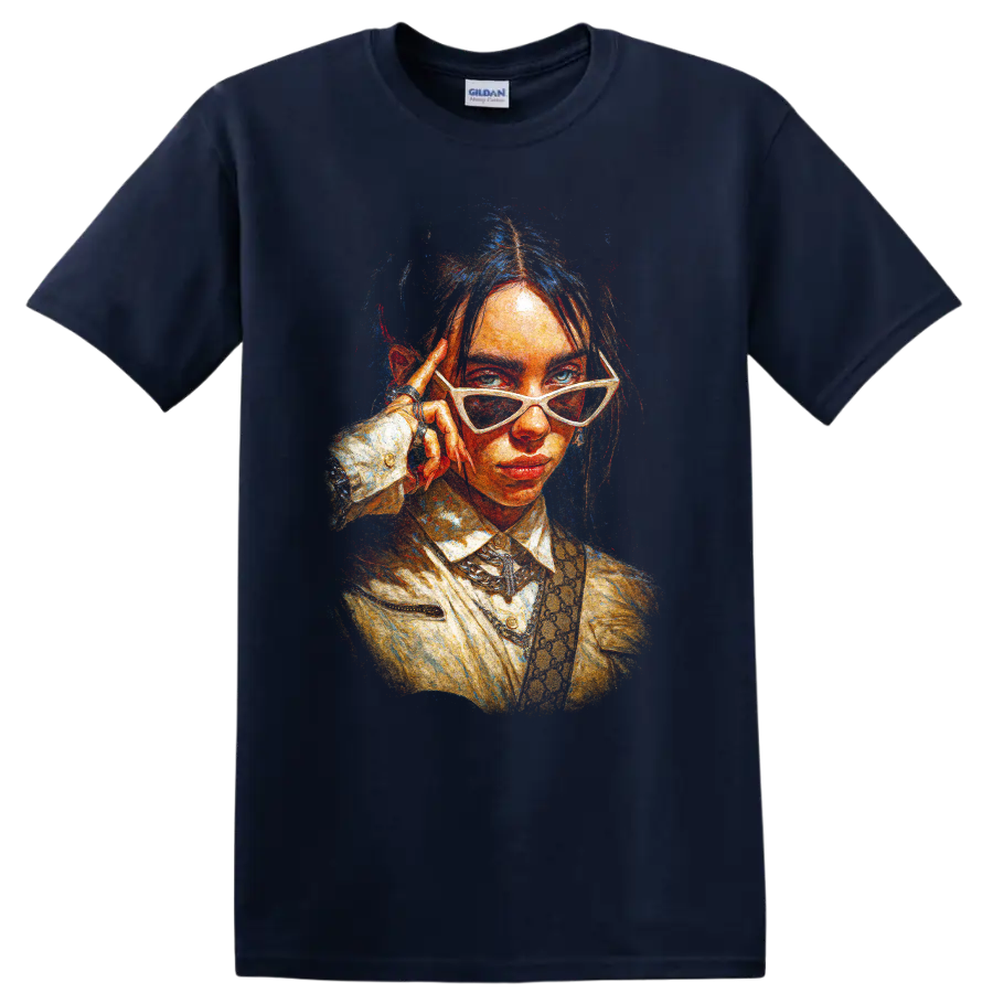 Billie Eilish stylized pop art portrait with white sunglasses on a Navy (Blue) T Shirt