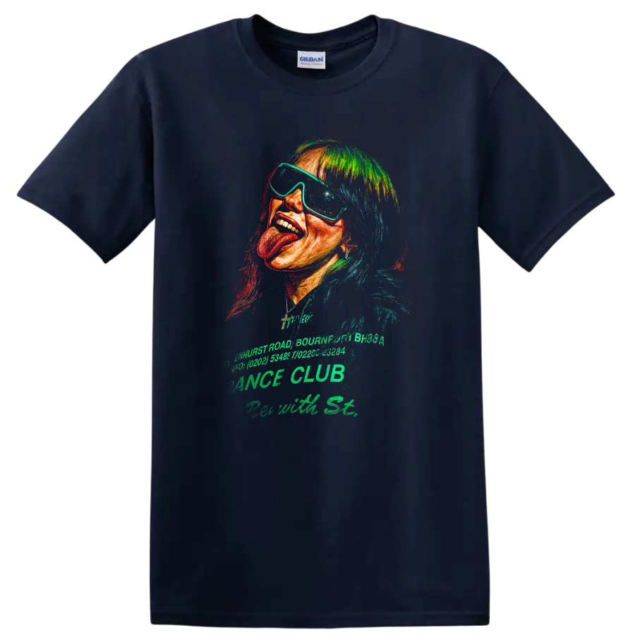 Billie Eilish neon pop art portrait fan-art graphic print on a Navy (Blue) T Shirt
