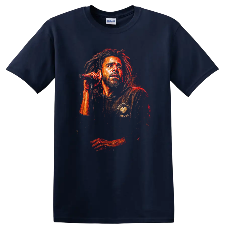 Stylized Bob Marley reggae portrait with microphone in red and orange tones on a Navy (Blue) T Shirt