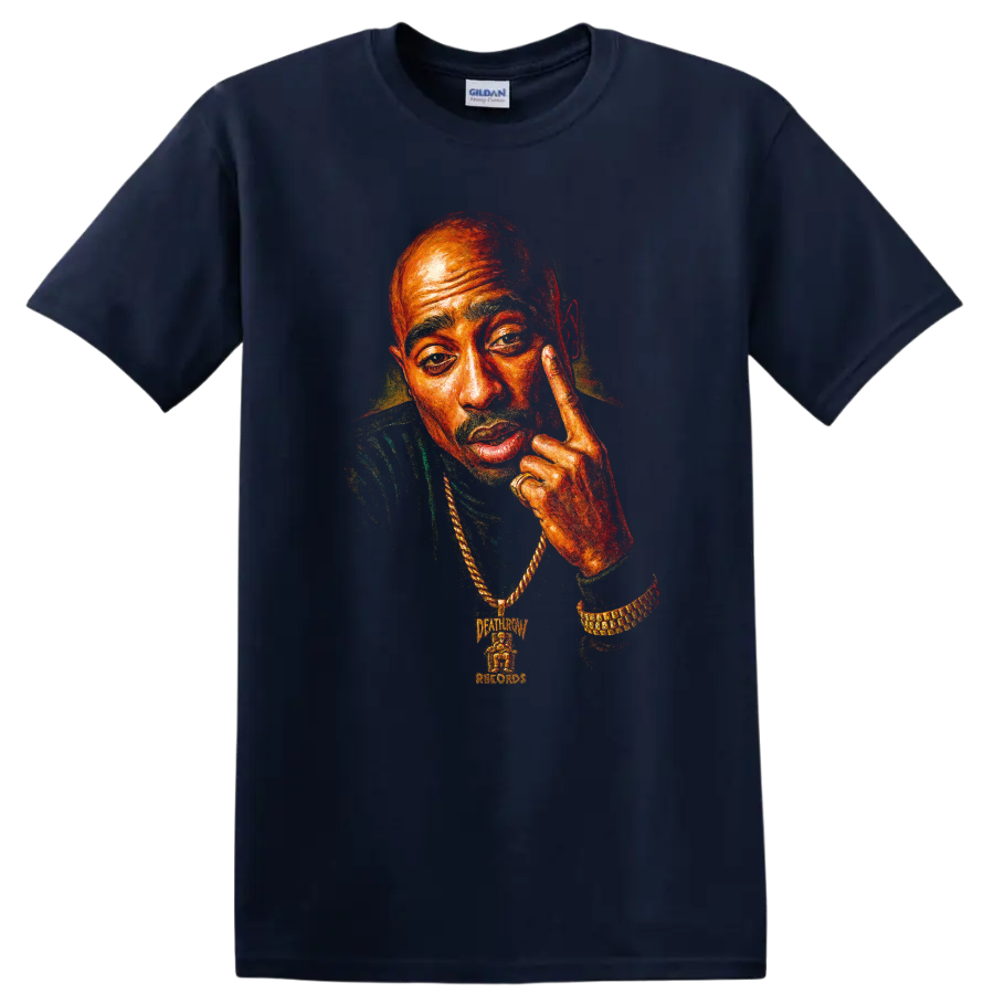 Tupac Shakur portrait in vivid red and orange hip-hop graphic style on a Navy (Blue) T Shirt