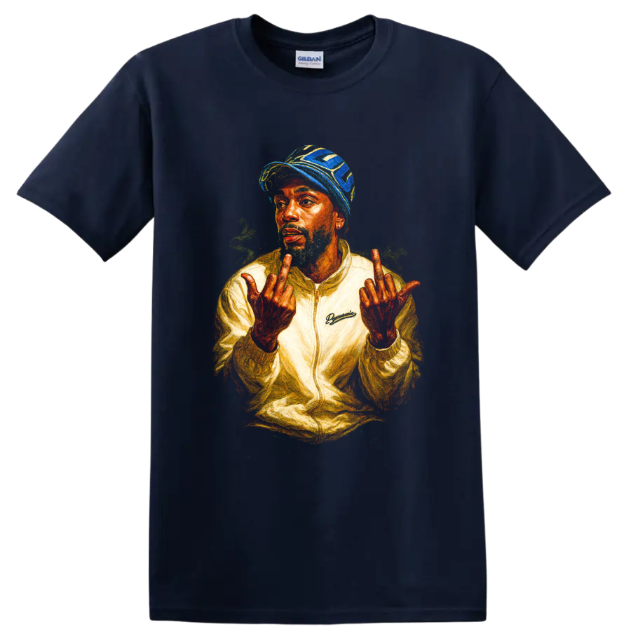 Tyler, the Creator color-pencil hip-hop portrait with raised hands on a Navy (Blue) T Shirt