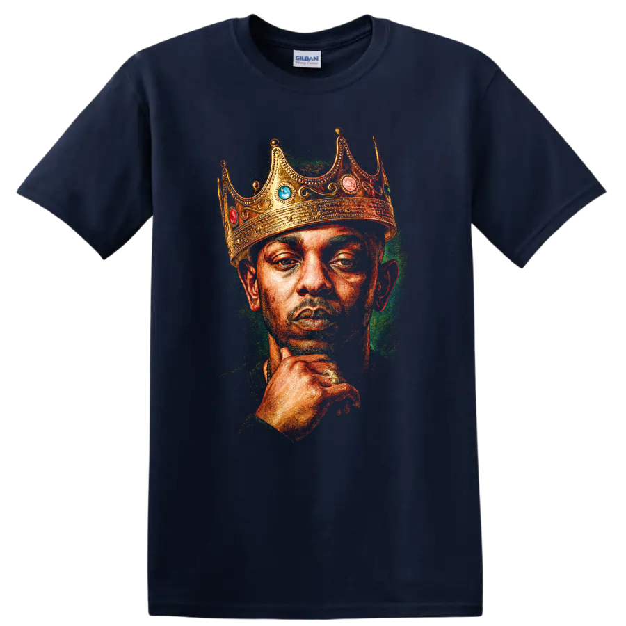 Kendrick Lamar crowned portrait graphic in vivid hip-hop illustration style on a Navy (Blue) T Shirt