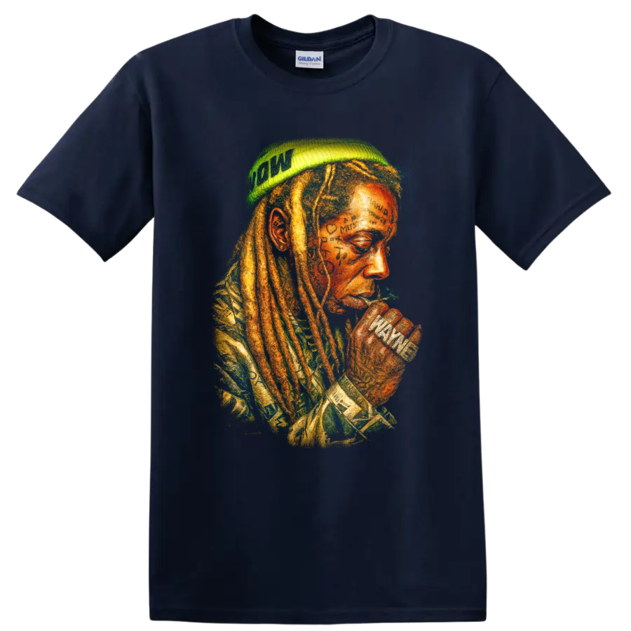 Lil Wayne abstract watercolor hip-hop portrait fan art on a Navy (Blue) T Shirt