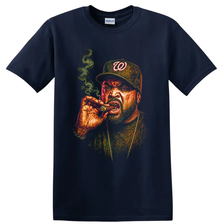 Ice Cube hip-hop portrait with Washington W cap and smoking pose on a Navy (Blue) T Shirt