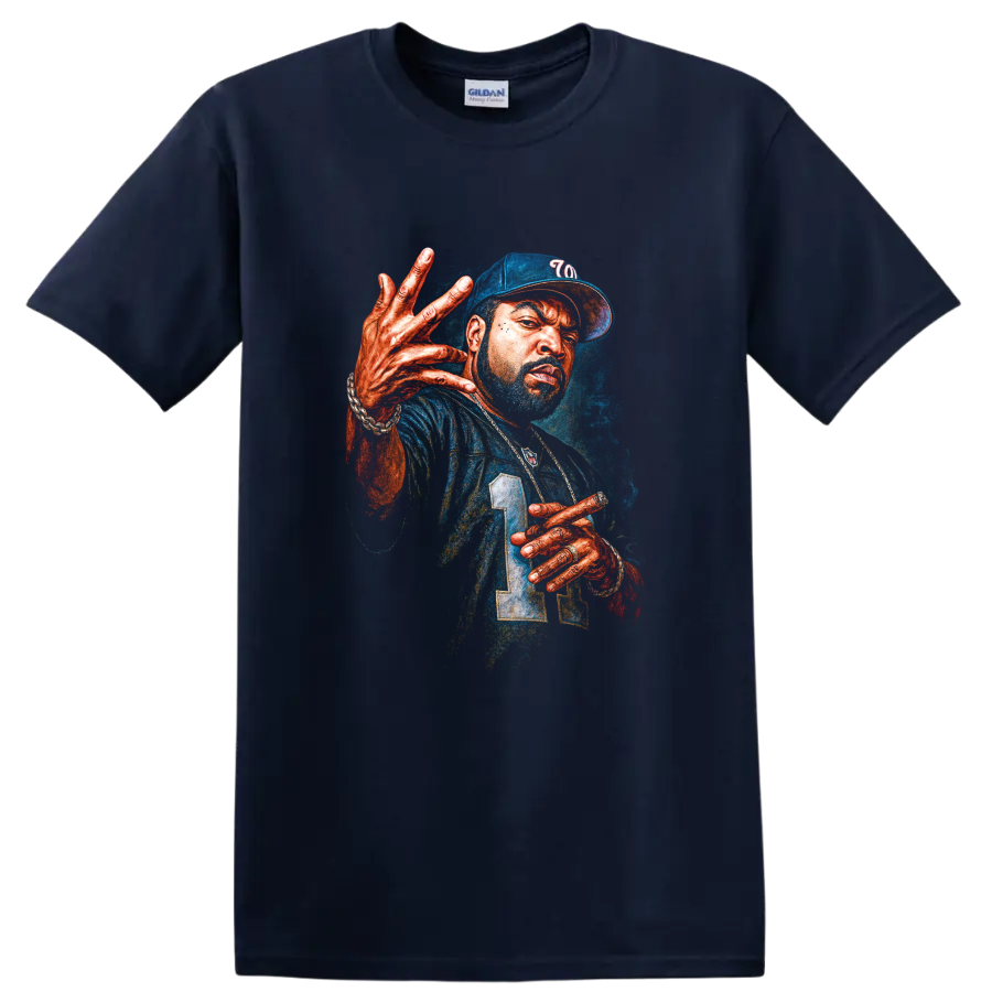 The Notorious B.I.G. Big Poppa ’23 colorful hip-hop portrait artwork on a Navy (Blue) T Shirt