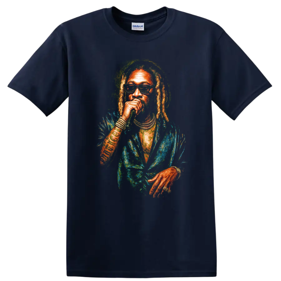 Colorful Don Carlos Black Uhuru reggae portrait graphic with dreadlocks on a Navy (Blue) T Shirt