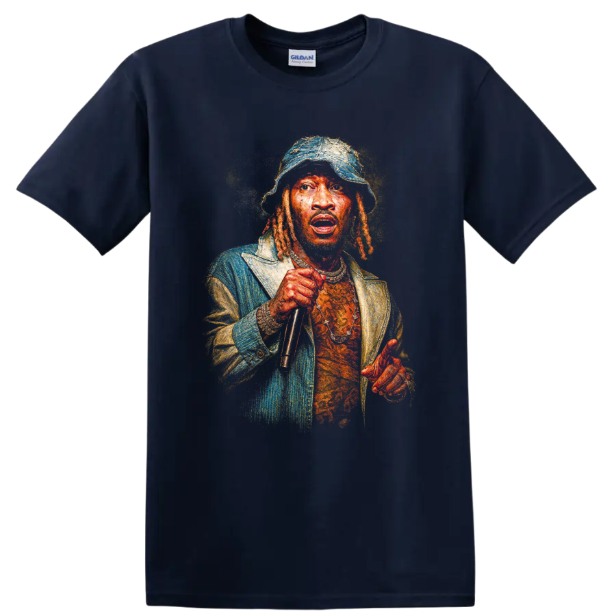 Shablizy King hip-hop album cover portrait with microphone and bucket hat on a Navy (Blue) T Shirt
