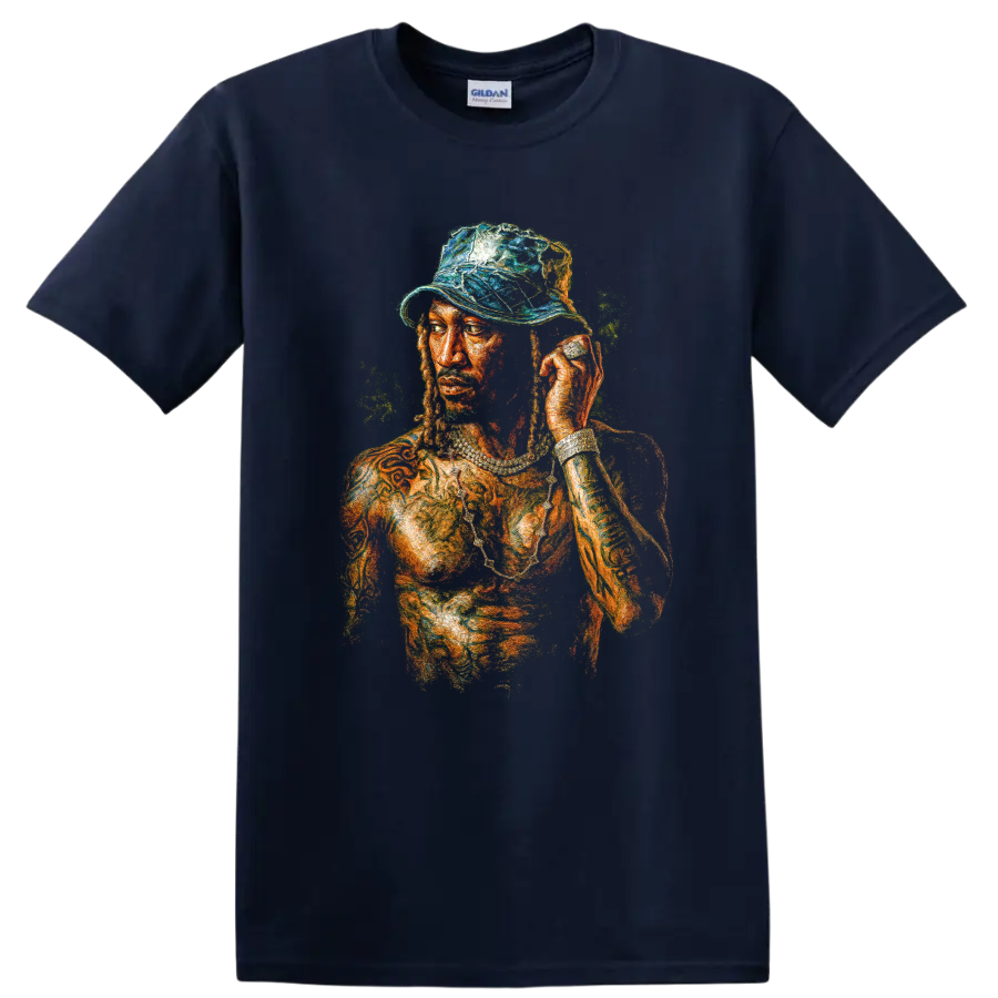 Future Monster mixtape portrait in vivid painted hip-hop artwork on a Navy (Blue) T Shirt